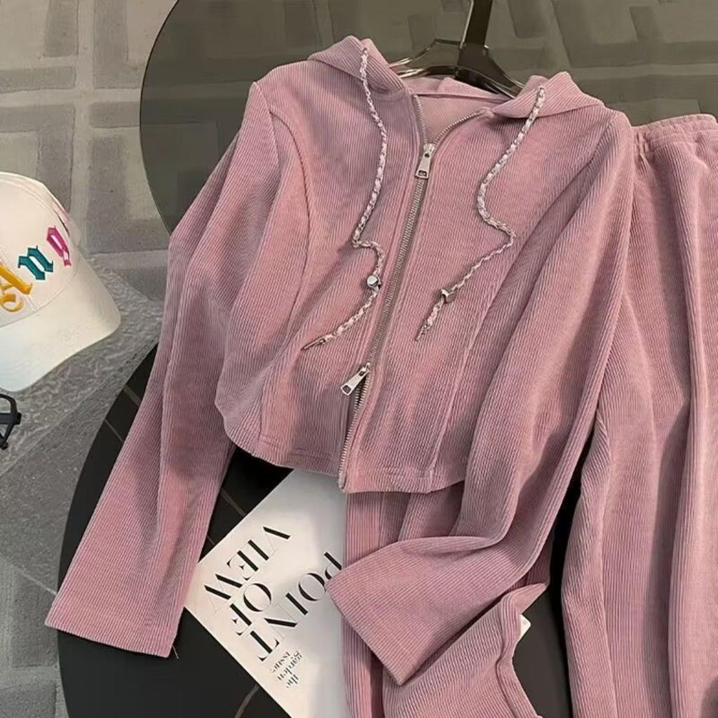 Codzienny, Garnitur sportowy, Damski, Luźny, Krótki, Bluza z kapturem, Rozcięcie, Spodnie z szerokimi nogawkami, Zestaw dwuczęściowy