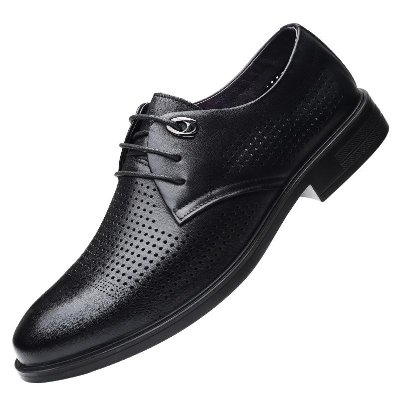 Summer New Men's Top Layer Cowhide Casual Sandals with Lace Up Holes Breathable Hollow Out Middle-aged and Elderly Dad Shoes