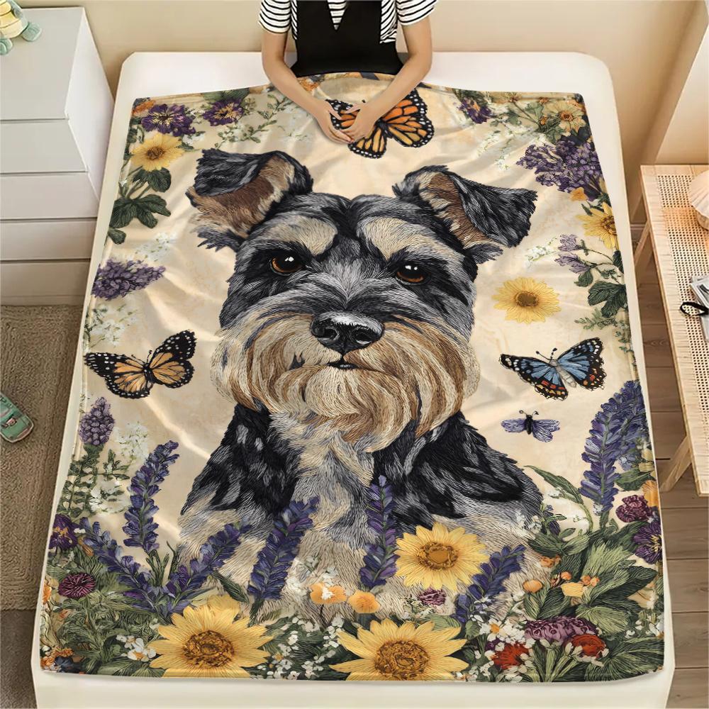 1 Stück Hunde- und Sonnenblumen-Print Flanelldecke, Hohe Qualität, Bequem für alle Jahreszeiten, Heimdekoration, Wärme und Komfort, Perfekt für Weihnachtsgeschenke