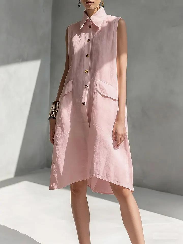 New 2026 European Summer Solid Color Sleeveless Cotton Linen Lapel Dress