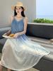Women's French Seaside Gradient Spaghetti Strap Long Dress - Summer Sleeveless Sea Wave Style