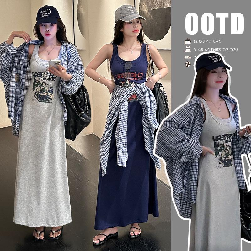 In Stock: 2026 Spring Easywear Printed Vest Dress & Plaid Shirt Set XL