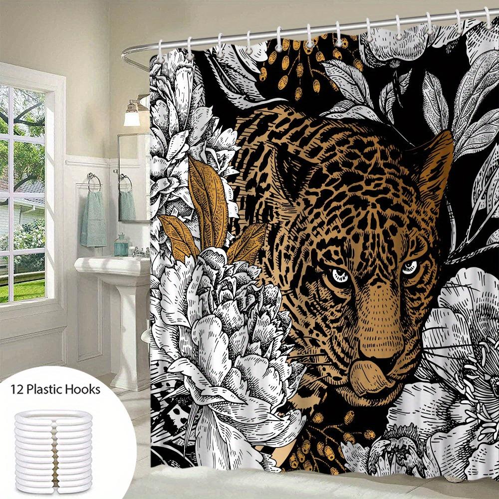 1Pc Realistic Leopard Shower Curtain With Detailed Botanical Background Featuring Flowers And Berries, Intricate Line Art Style,