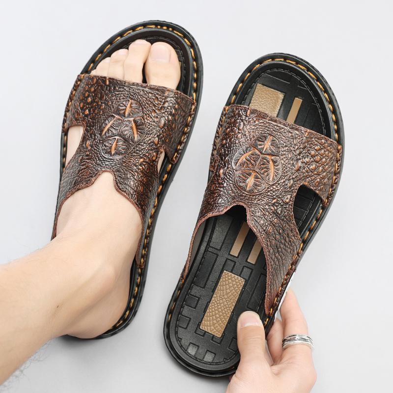 Leather Men's Slippers Luxury Crocodile Slip On Casual Shoes High Quality New Non-Slip Summer Sandals For Men Slippers