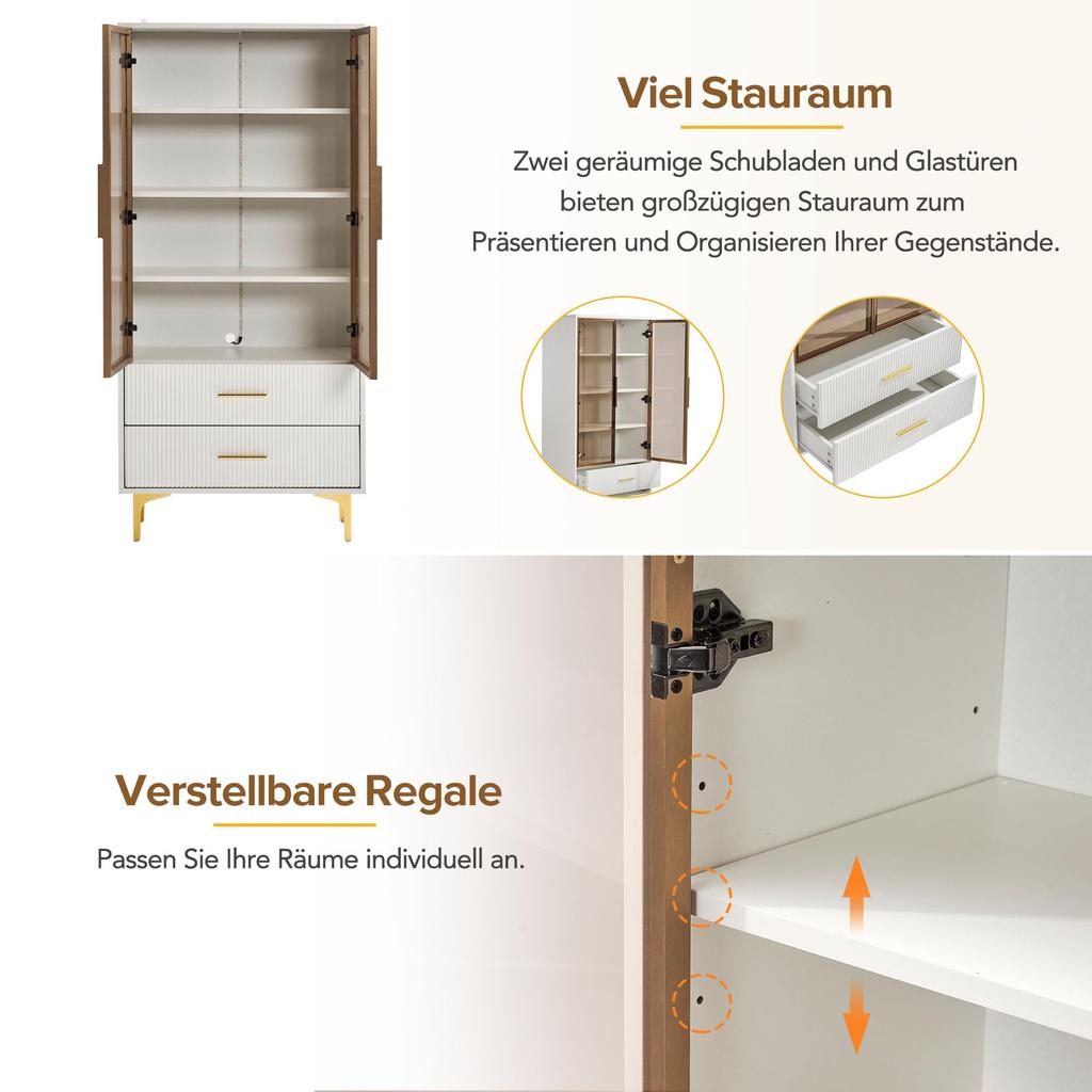 Glass Display Case LED Lighting, Two-Part White, Adjustable Shelves, 2 Drawers, Modern Bookcase Standing Display Case Office Cabinet