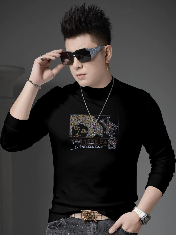 European Style Half-High Collar Long-Sleeve T-Shirt for Men, 2025 Autumn Trendy Brand Printed Rhinestone Casual Top Men s Base Shirt 3XL белый