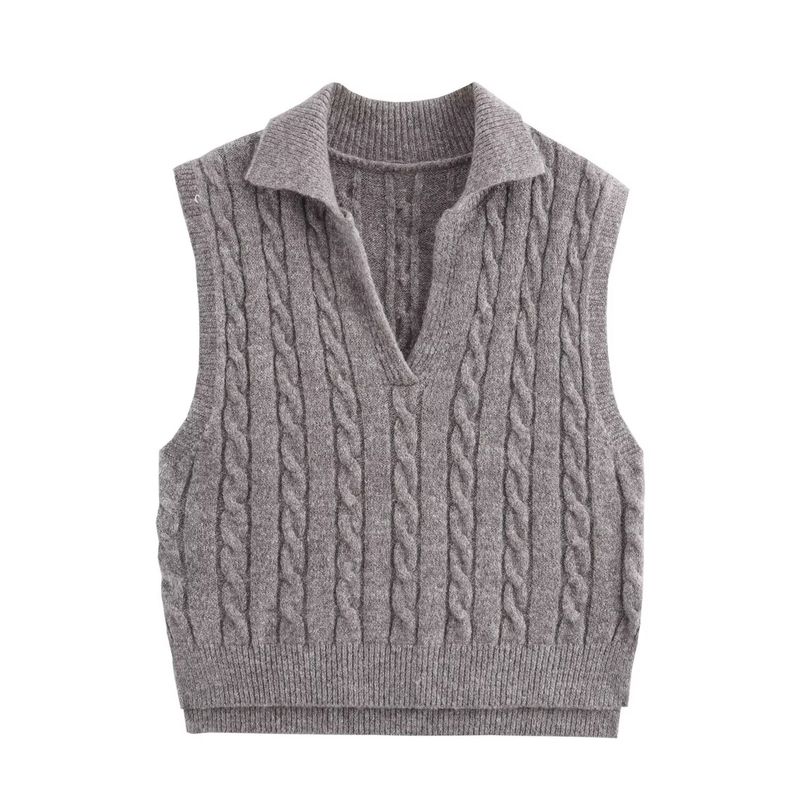 Kaslead New Arrival Women's Clothing Fashion Style Old Money Style Polo Lapel Cable Stitch Knitting Sweater Vest