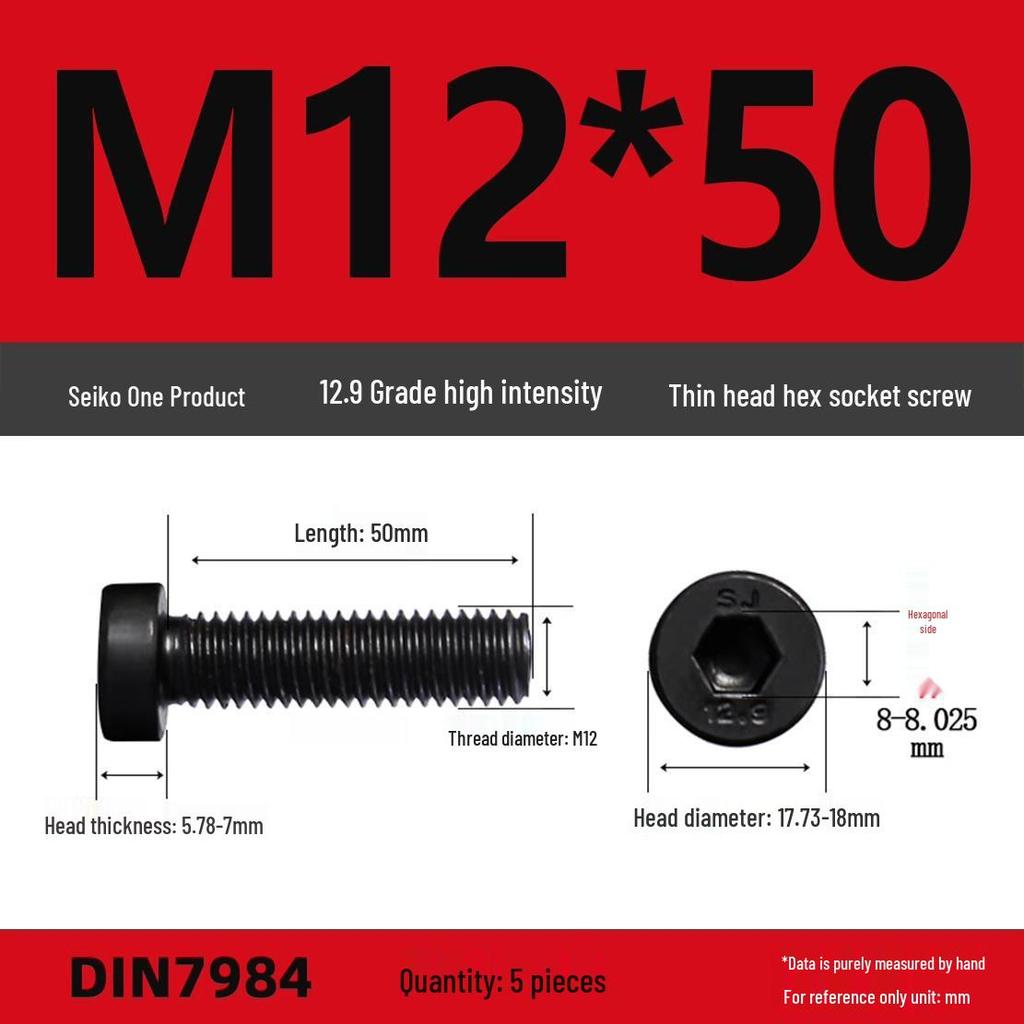 DIN7984 Grade 12.9 Thin Head Hex Socket Cap Screws - Sizes M3 To M16