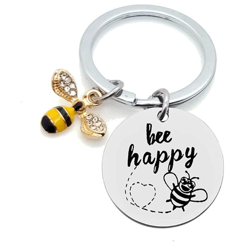 Stainless Steel "Bee Happy" Engraved Keychain Gift Accessory