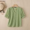 ZANZEA Women Casual V-Neck Lace Crochet Patchwork Loose Short Sleeve Blouse