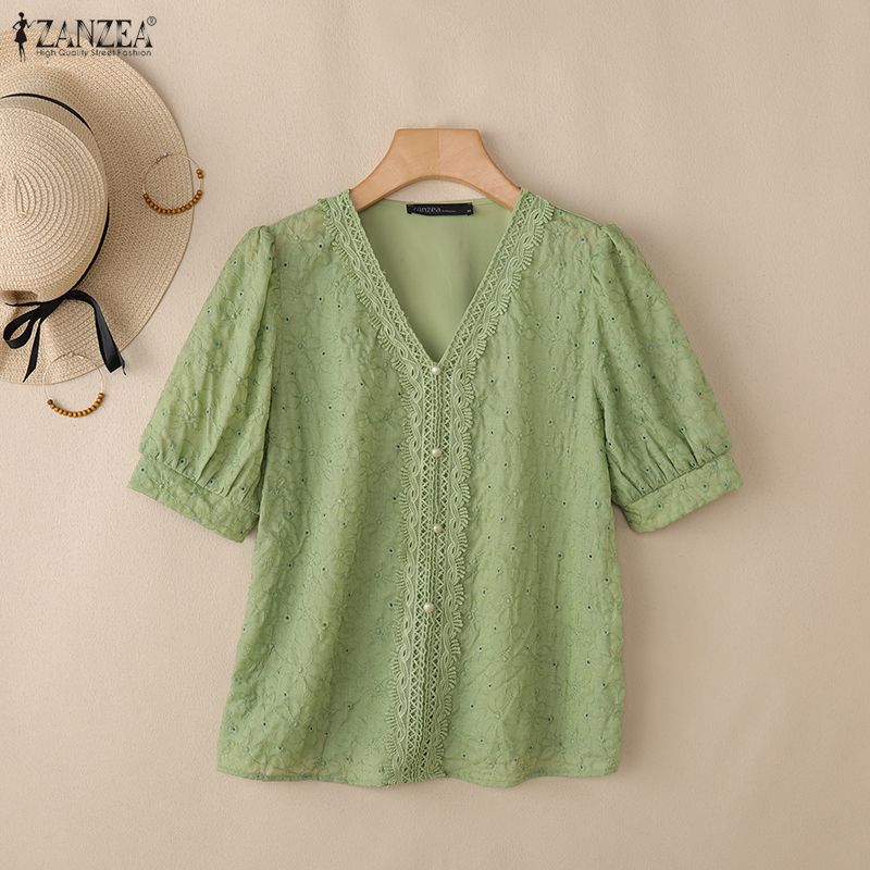ZANZEA Women Casual V-Neck Lace Crochet Patchwork Loose Short Sleeve Blouse