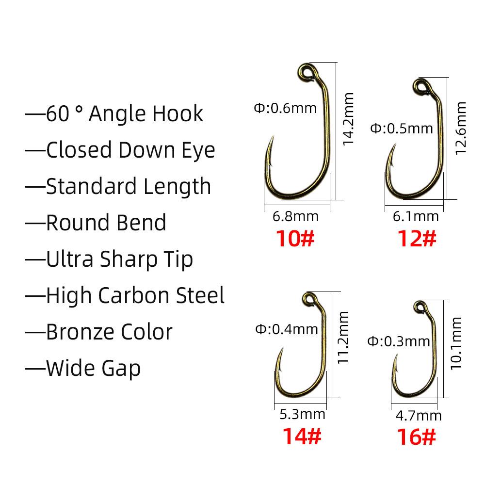 50pcs 60 Degree Angle Barbed Fly Tying Jig Hook 10# 12# 14# 16#  Bronzed Coated Wide Gap Jig Nymph Wet Fly Fishing Lures