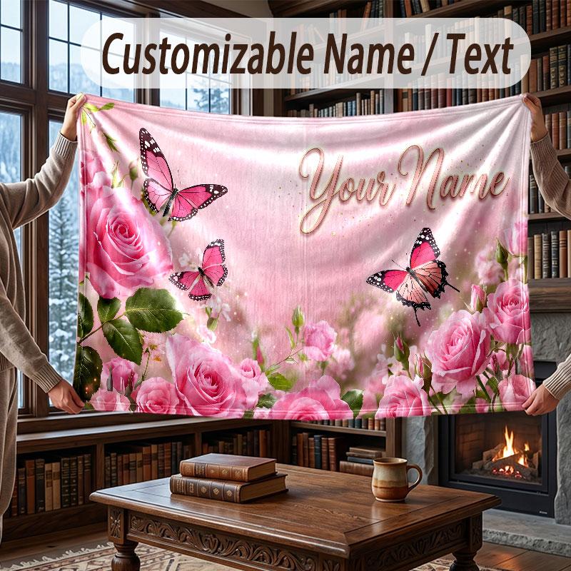 Butterfly Theme Throw Blanket Custom Name Text Personalized Blanket Soft Cozy Blanket for Home Sofa Bed