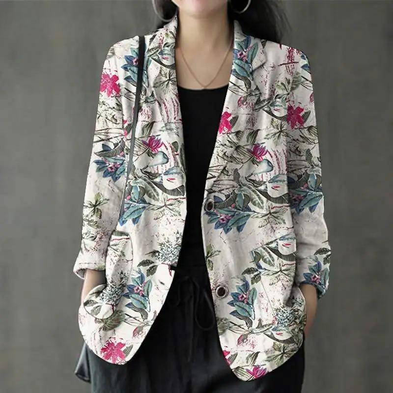 Damen Herbst Blazer Stilvolle Bedruckte Mäntel Dünne Oberteile Damen Frühling Lässig Langarm Blumenbluse Sommerhemd