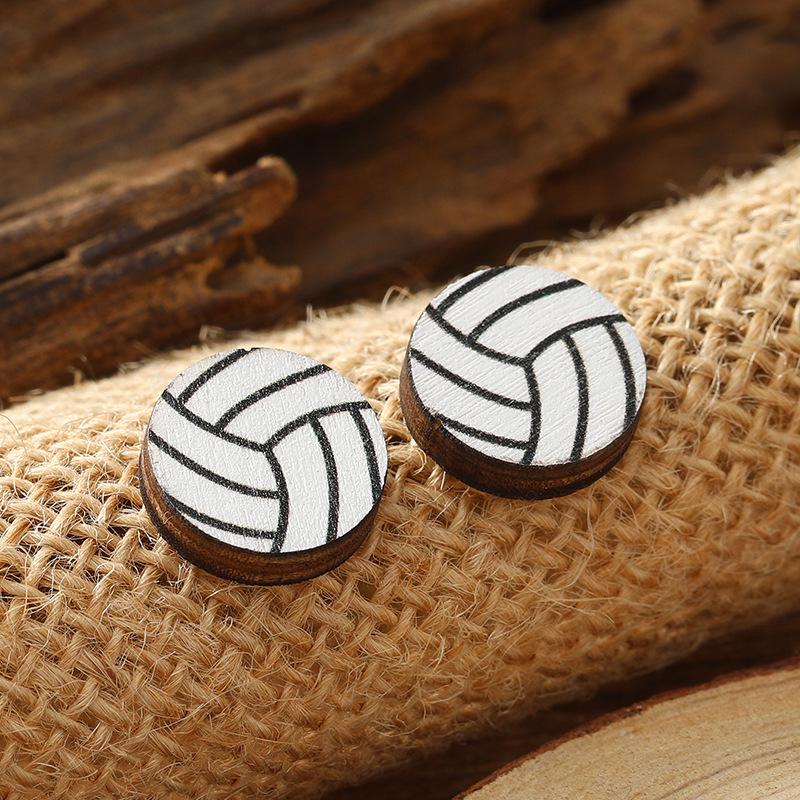 Cow Print Sports Ball Wooden Stud Earrings: Cartoon Volleyball, Football, Basketball Design