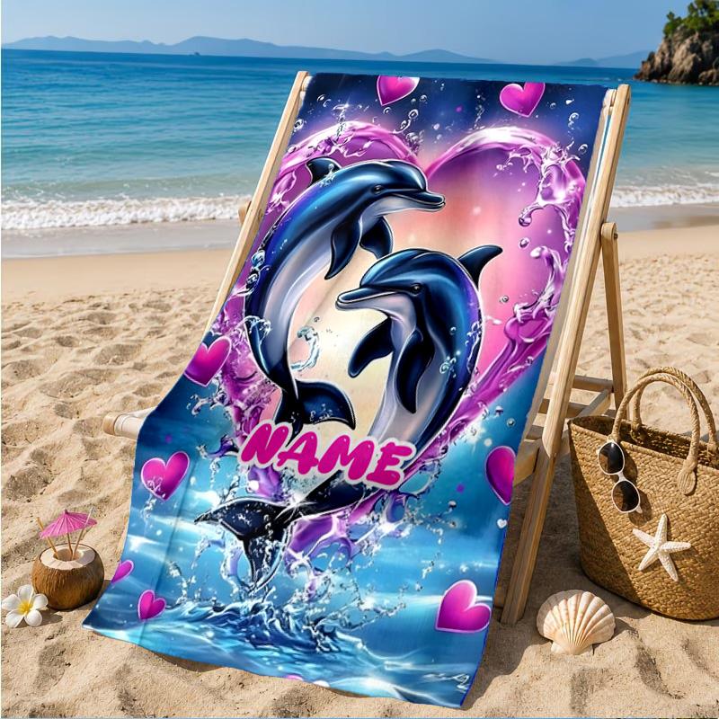 Custom Name Love Dolphins Heart Beach Towel Microfiber Beach Towel, Lightweight and Quick-Dry, for Summer Travel, Swimming Pool Gift