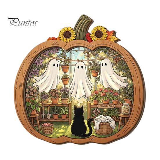 Fall Harvest Home Decoration Halloween Ghost Wooden Tabletop Ornament, 2D Flat Cute Reading Bathing Thanksgiving Table Centerpiece Watering