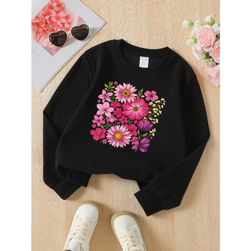 European sizes Girls' Soft Crewneck Sweatshirt, Pink Flowers & Green Leaves Pattern with Cute Print, Casual All-Match, Ideal Holiday Present