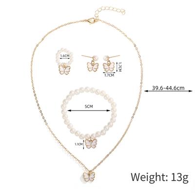 4tlg./Set Süßes Schmuckset Schmetterlingsanhänger Imitationsperlenkette Armband Ohrringset für Damen Mädchen Schmuckzubehör