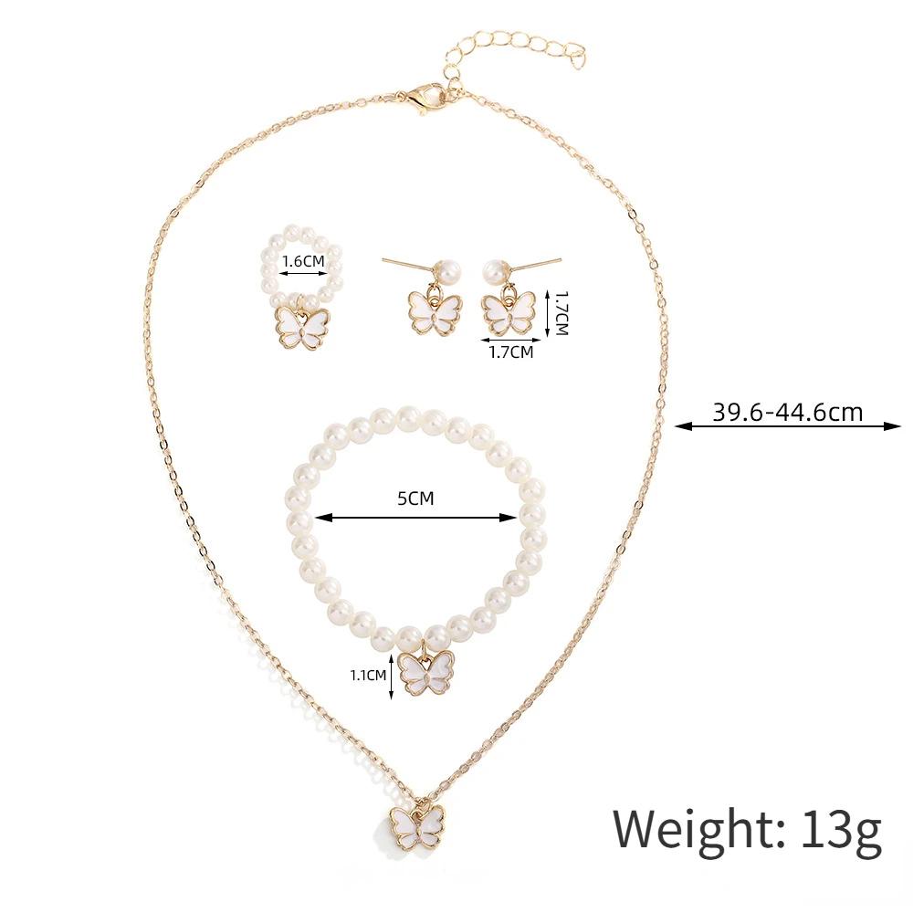 4tlg./Set Süßes Schmuckset Schmetterlingsanhänger Imitationsperlenkette Armband Ohrringset für Damen Mädchen Schmuckzubehör