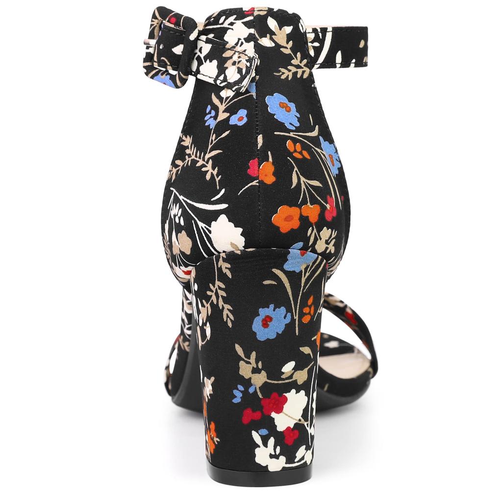Allegra K Women's Open-Toe Ankle Strap Sandals with Chunky Heels, Black Flowers, Size 26.0cm