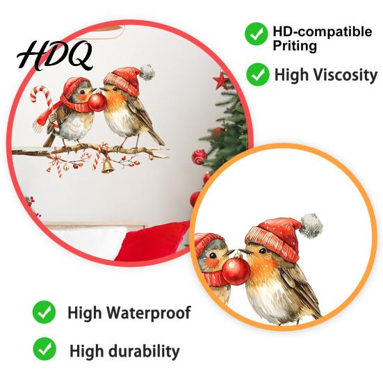 Weatherproof Bird Pattern Stickers Christmas Birds On Tree Branch Wall Sticker Cute Watercolor Decal Waterproof PVC Mural with Ball Candy Cane Bell