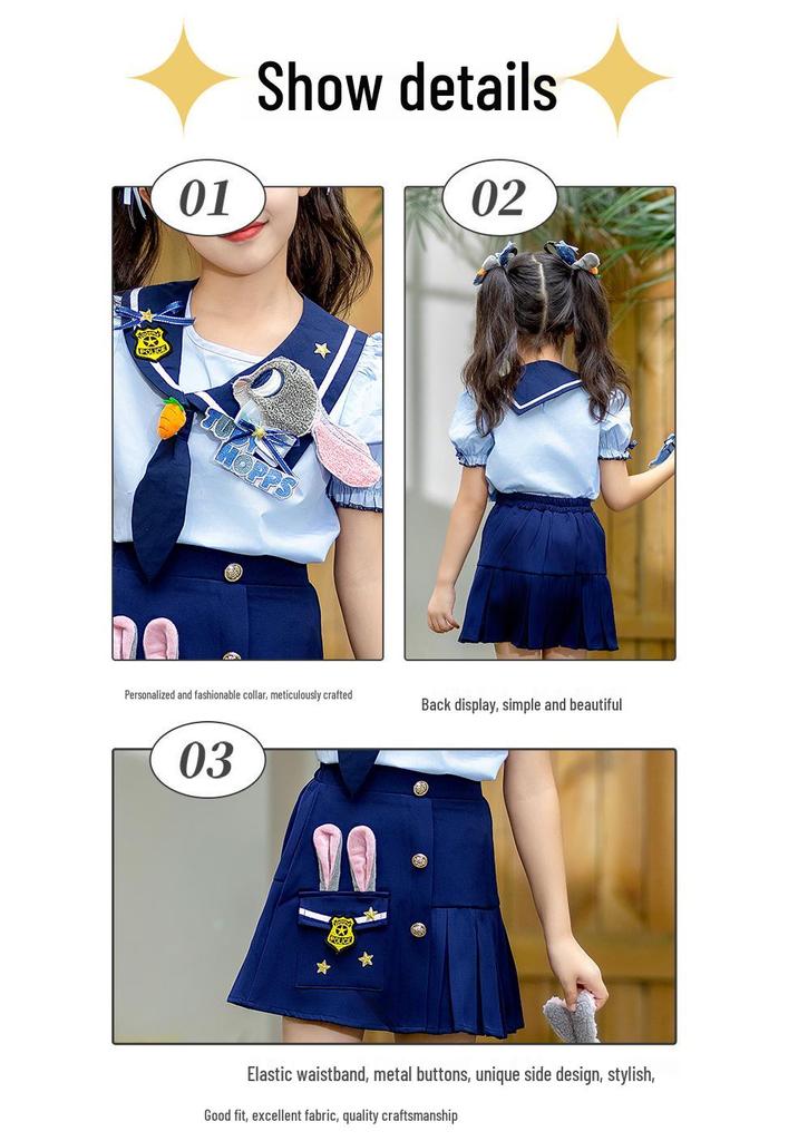 Girls' Summer Rabbit Police Costume Set - Stylish Two-Piece Performance Outfit
