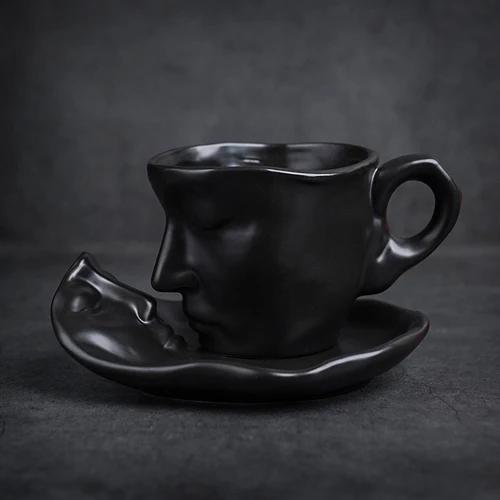 European Style Bar Creative Gift Sculpture Couple Mug Exquisite Matte Ceramic Coffee Cup and Saucer Set