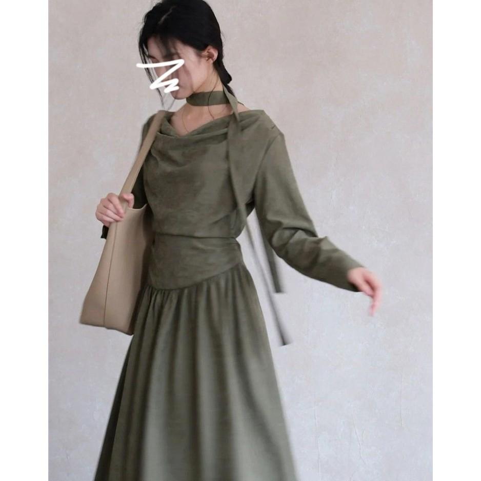 Women s Elegant Purple Long-Sleeve French Dress with Waist-Cinched Design - Early Autumn 2025 Korean Style Medium (M) зелёный