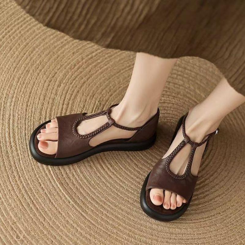 Retro New Style Open-toe Flat Sandals for Women, Soft Leather Sole, Anti-slip, Versatile and Stylish Shoes