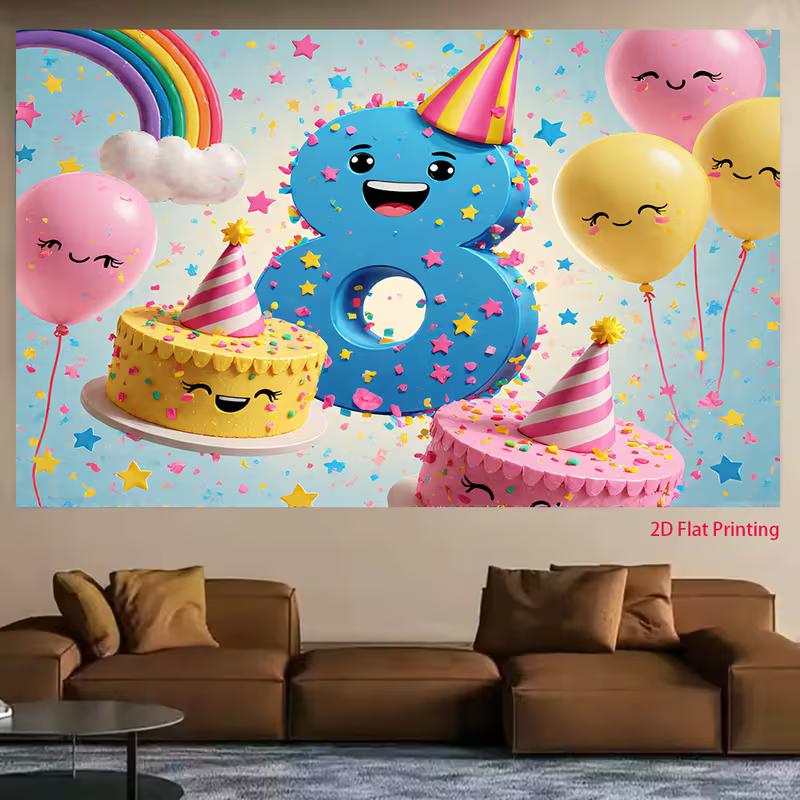 Toile de fond 2D pour 8ème anniversaire pour filles, Mignon Chiffre 8 Dessin Animé avec des Gâteaux Souriants et des Ballons