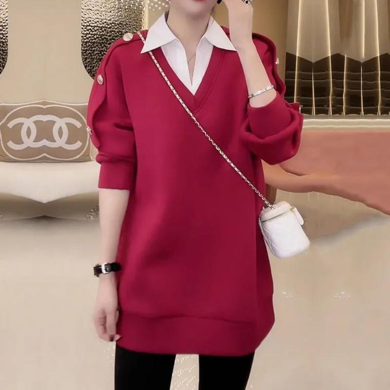 Loose Fake Two-piece Sweatshirt 2025 Autumn and Winter New Fashion Slimming Spliced Shirt Collar Casual Top
