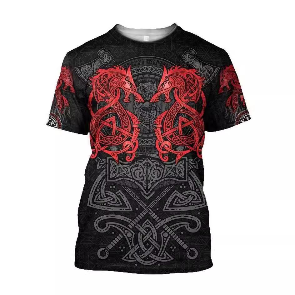 Summer Round Neck 3D Viking Symbol Pattern Print Top Fashionable Casual Short Sleeved Men's T-shirts