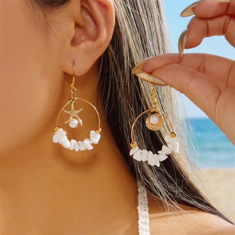 

Bohemia Asymmetrical Starfish Shell Pendant Earrings For Women Vintage Colorful Irregular Stone Pearl Earring Girl Beach Zircon