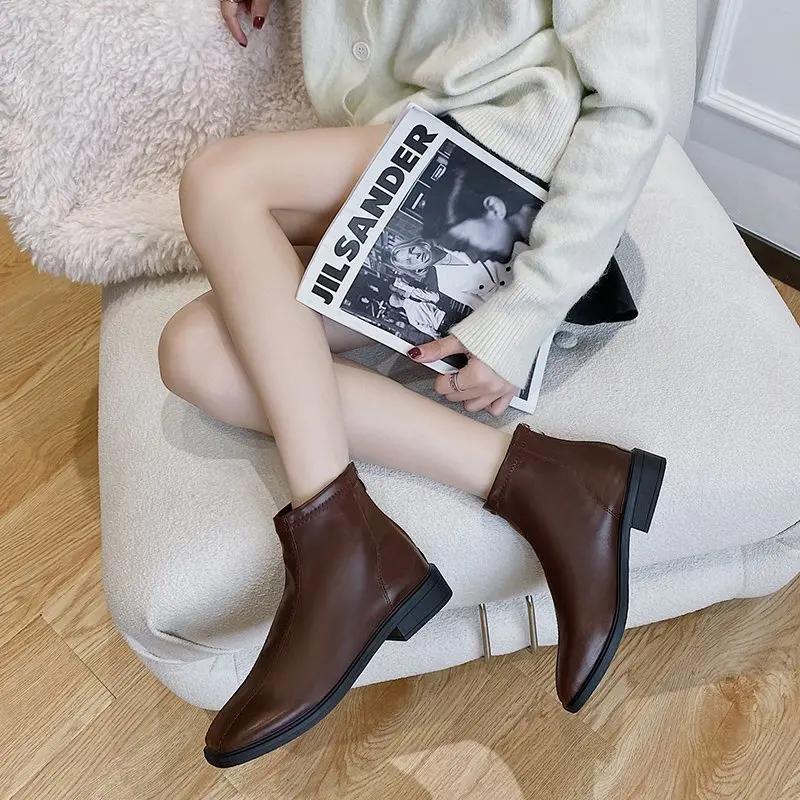 Fashion 2024 Spring and Autumn Fashion British Zipper Design Women's Short Boots Simple Solid Color Square Toe Thick Heel Chelsea Boots