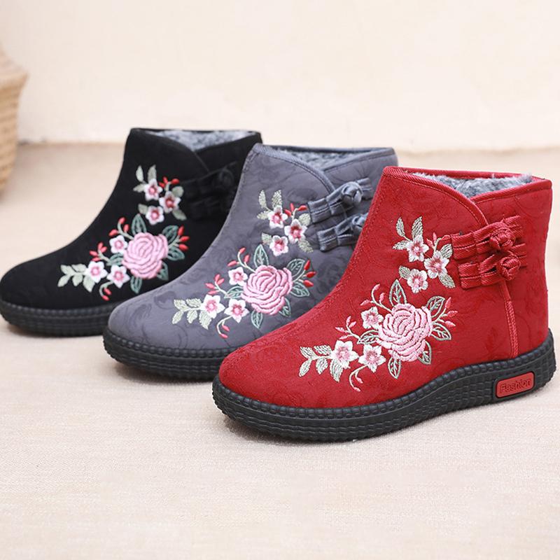 Thickened Floral Embroidery Women's Winter Boots Snow Boots Warm Shoes Mothers Shoes