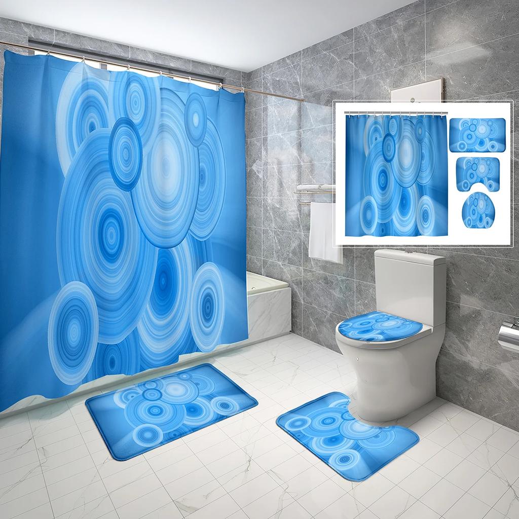 4 Sets Circles Geometry Shower Curtain Sets With Non-Slip Bath Mat,Toilet Lid Cover And Warm Color Pattern Shower Curtain Sets