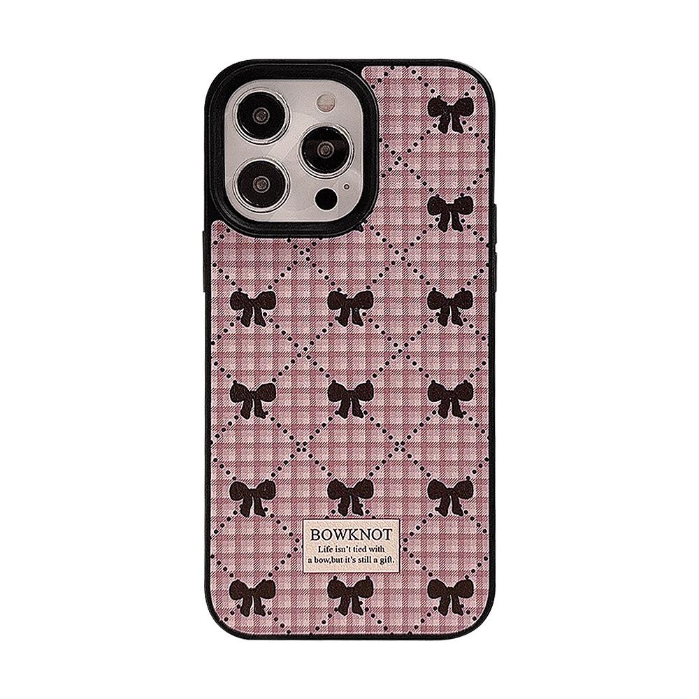 Korean Bow Plaid Mobile Phone Case 16 Apple 14promax Sweet 11 Suitable for IPhone 15 Leather 13 Winter