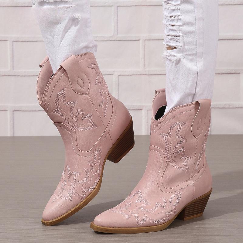 Plus Size 46 Women Embroidered Western Cowboy Boots Stylish and Comfortable Work Boots Block Heel Thick Sole Women Western Shoes