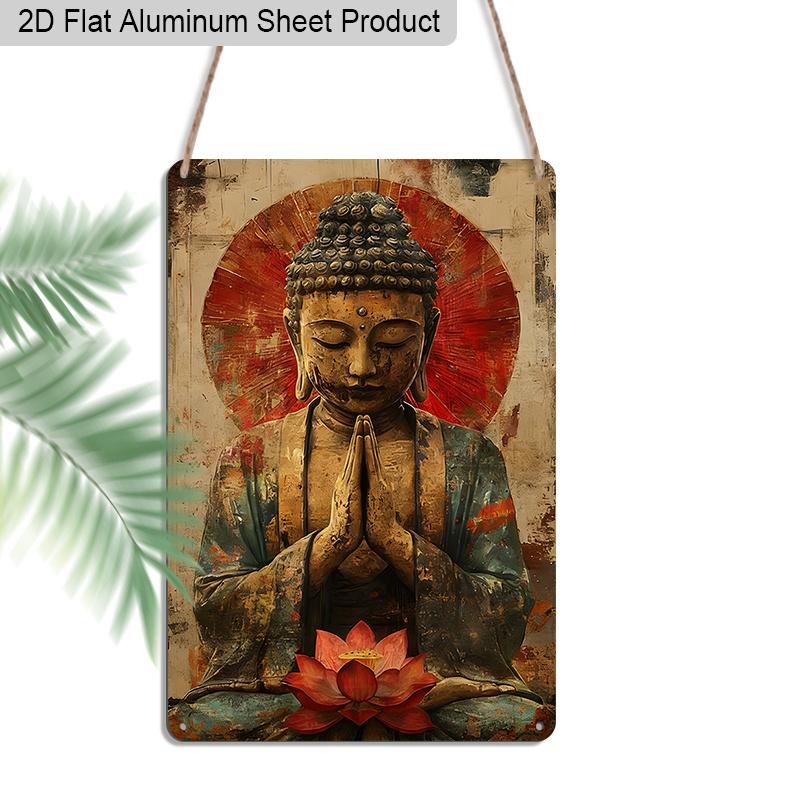 

2D Flat, 1pc Vintage Spiritual Aluminium Wall Art Sign Serene Buddha with Lotus - 8 x12 Aluminium Rustic Home Decor, Meditation Room & Yoga Studio 20*30cm