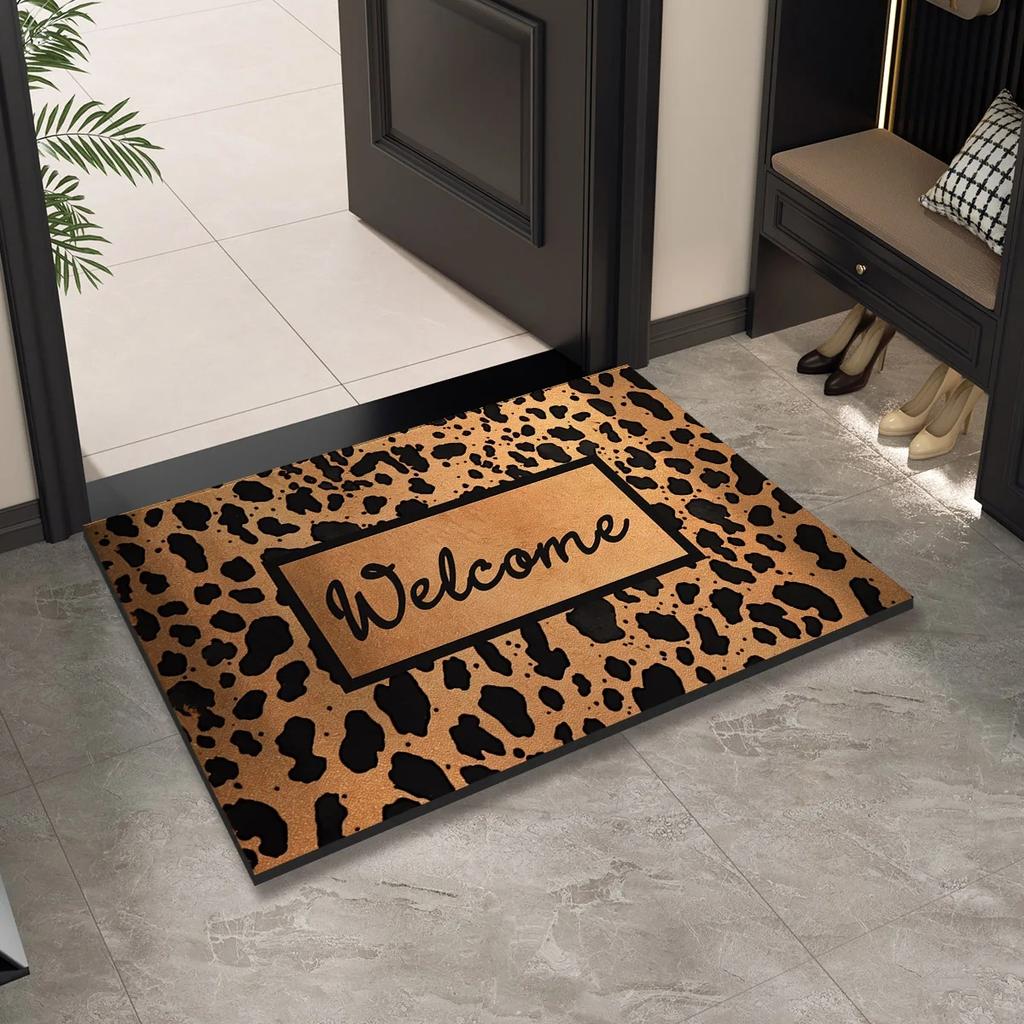 Leopardenmuster Willkommens-Eingangs-Fußmatte Waschbar Innen Außen Bodenmatte Rutschfest Flur Badteppich Heimdeko Teppich
