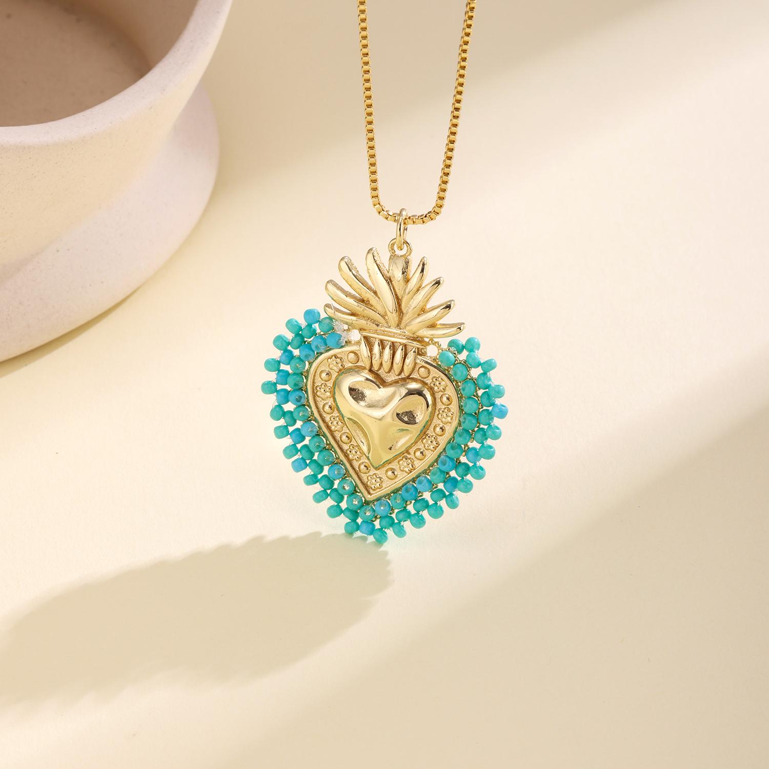 

Nidin New Arrival Handcrafted Beaded Vintage Inspired Sacred Heart Pendant Necklace Religious Jewelry For Women Everyday Wear светло-синий