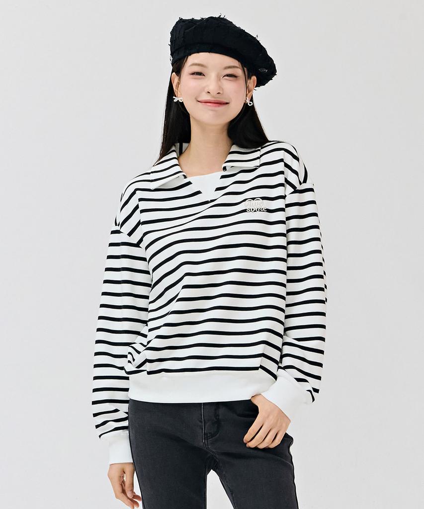 CHASECULT Women'S Striped Collared Sweatshirt - Ivory
