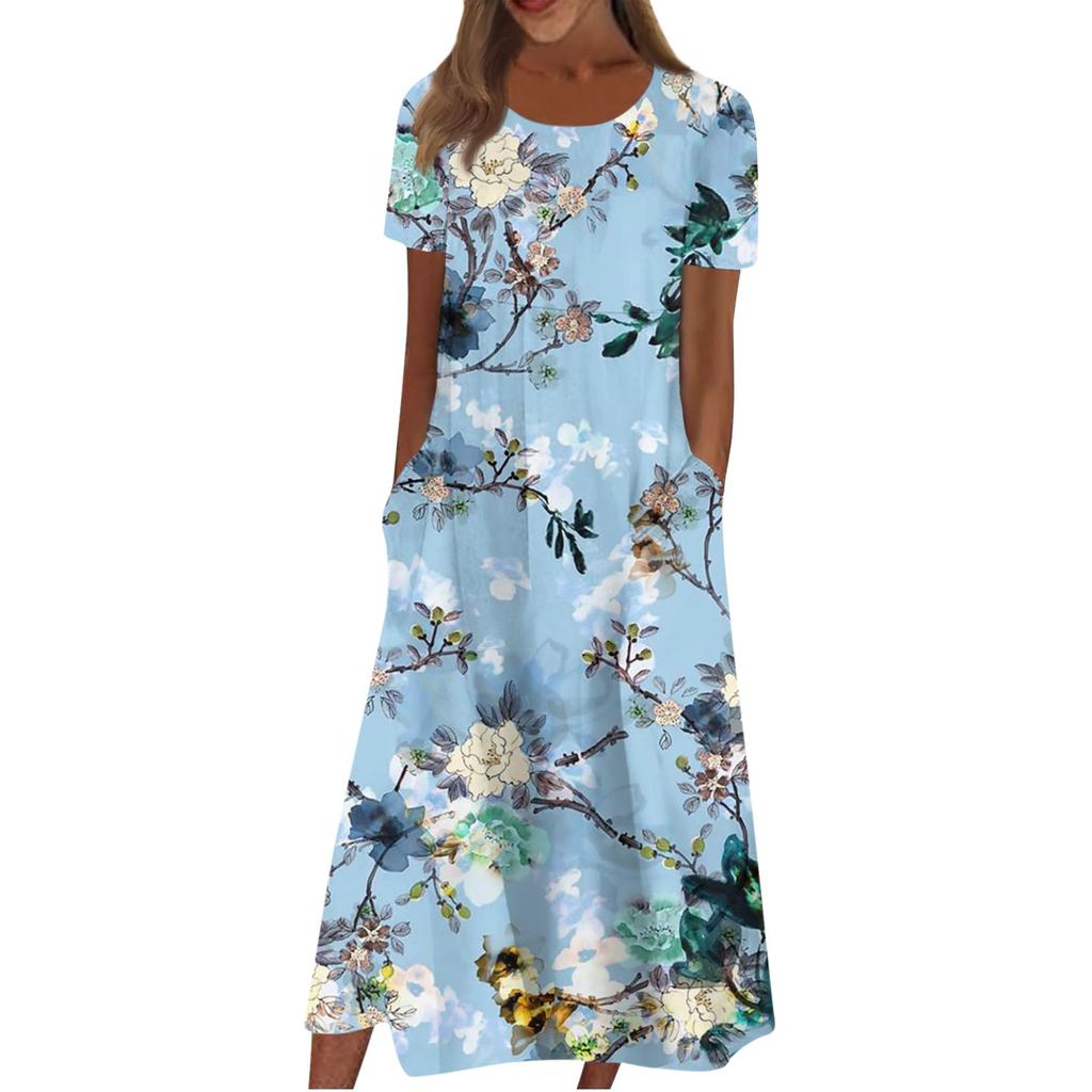 Women's Casual Dresses Printed Dresses Summer Dresses Printed Pleated Round Neck Midi Dresses Basic Classic Outdoor Daily Short Sleeve Loose Dresses