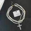 Exaggerated Inlaid Rhinestone Cross Pendant Pearl Multi Layer Necklace Women's Light Luxury Fashion Jewelry Y2K