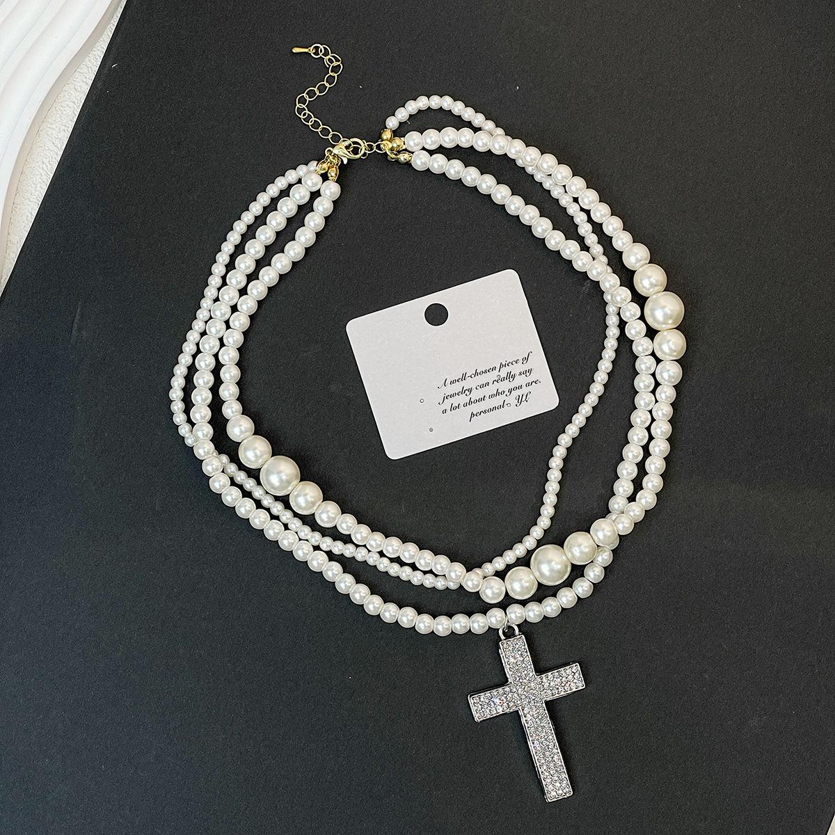 Exaggerated Inlaid Rhinestone Cross Pendant Pearl Multi layer Necklace Women s Light Luxury Fashion Jewelry Y2K
