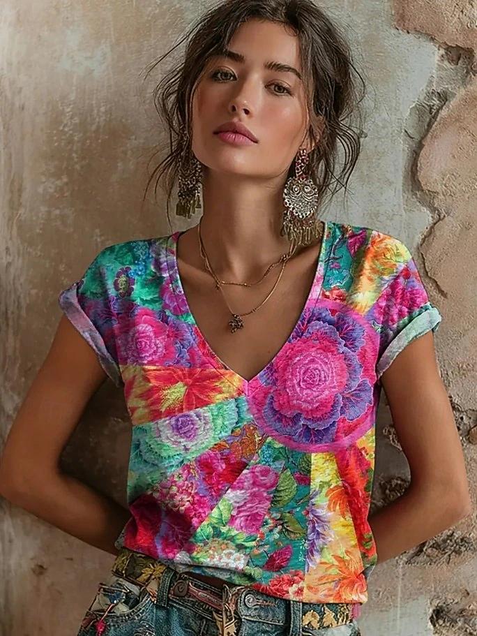 2026 Women's Tops Women's Floral T-Shirt Summer 2026 Short Sleeve Casual Loose Vintage Streetwear Fashion Clothes for Woman