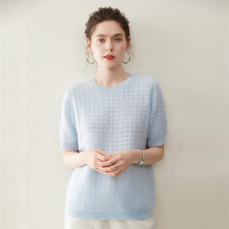 2026 Spring/Summer Women's Pure Cashmere Short Sleeve Round Neck Cable Knit Sweater Pullover Top