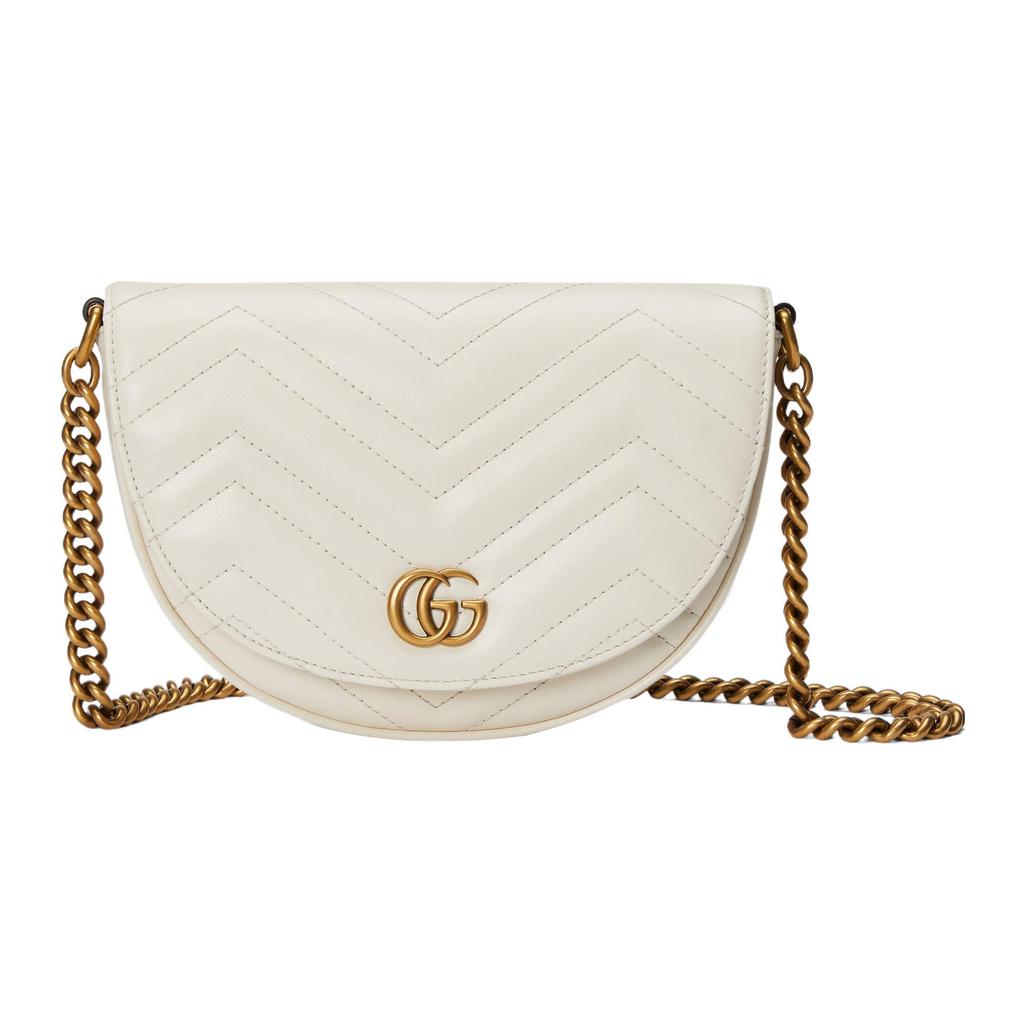 Gucci GG Marmont Chevron Quilted Saddle Bag, White Leather with Vintage Gold Double G, Women's Crossbody Handbag for Daily 746431-DTDHT-9022