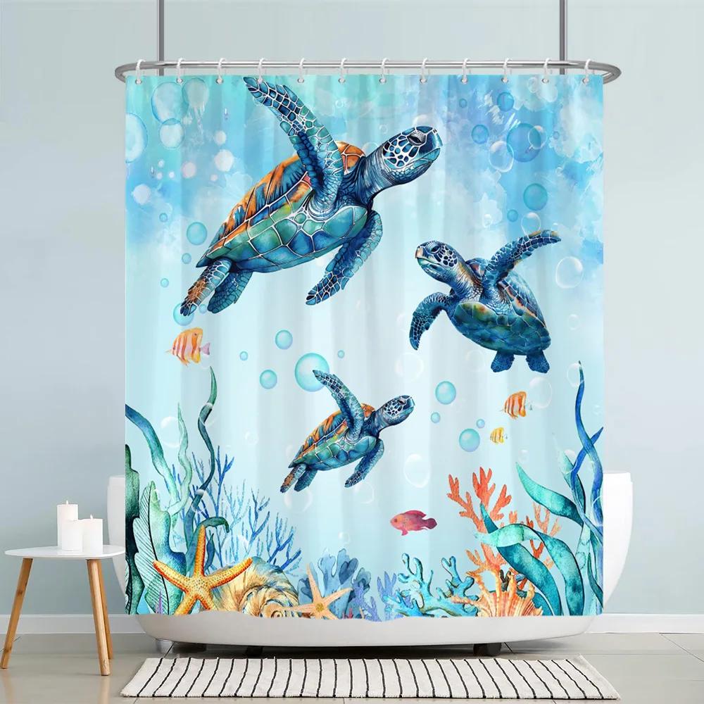 Lustige Meerestiere Kinder Duschvorhang Cartoon Aquarell Kunst Malerei Stil Polyester Stoff Duschvorhang Badezimmer Dekorati